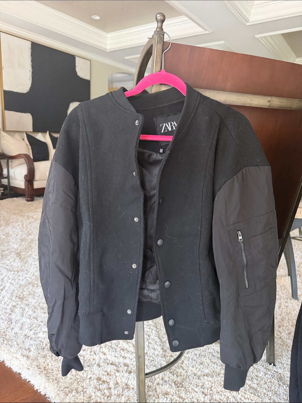 ZARA Black Mixed-Material Bomber Jacket